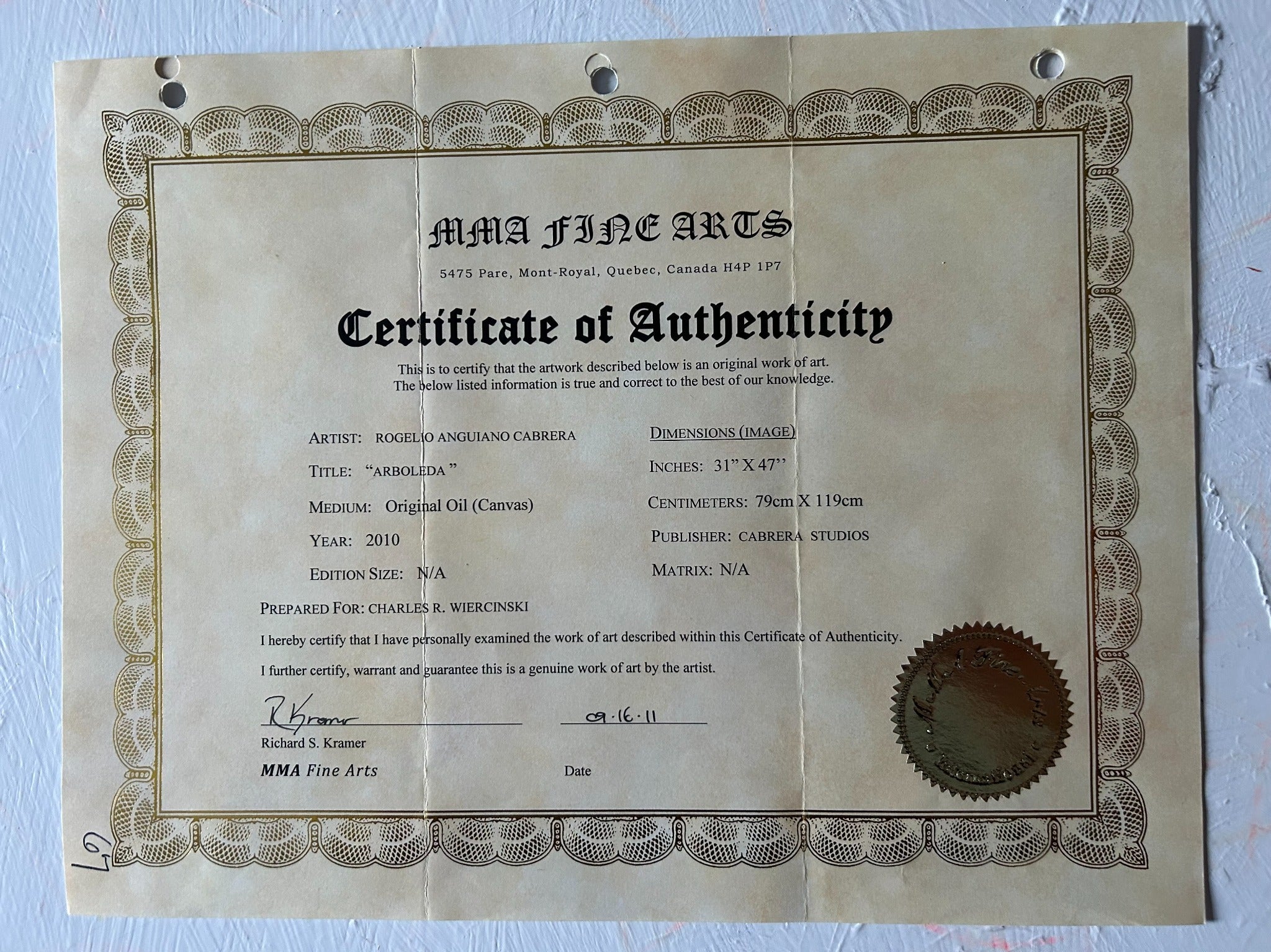 Certificate of Authenticity for Arboleda by Rogelio Anguiano Cabrera