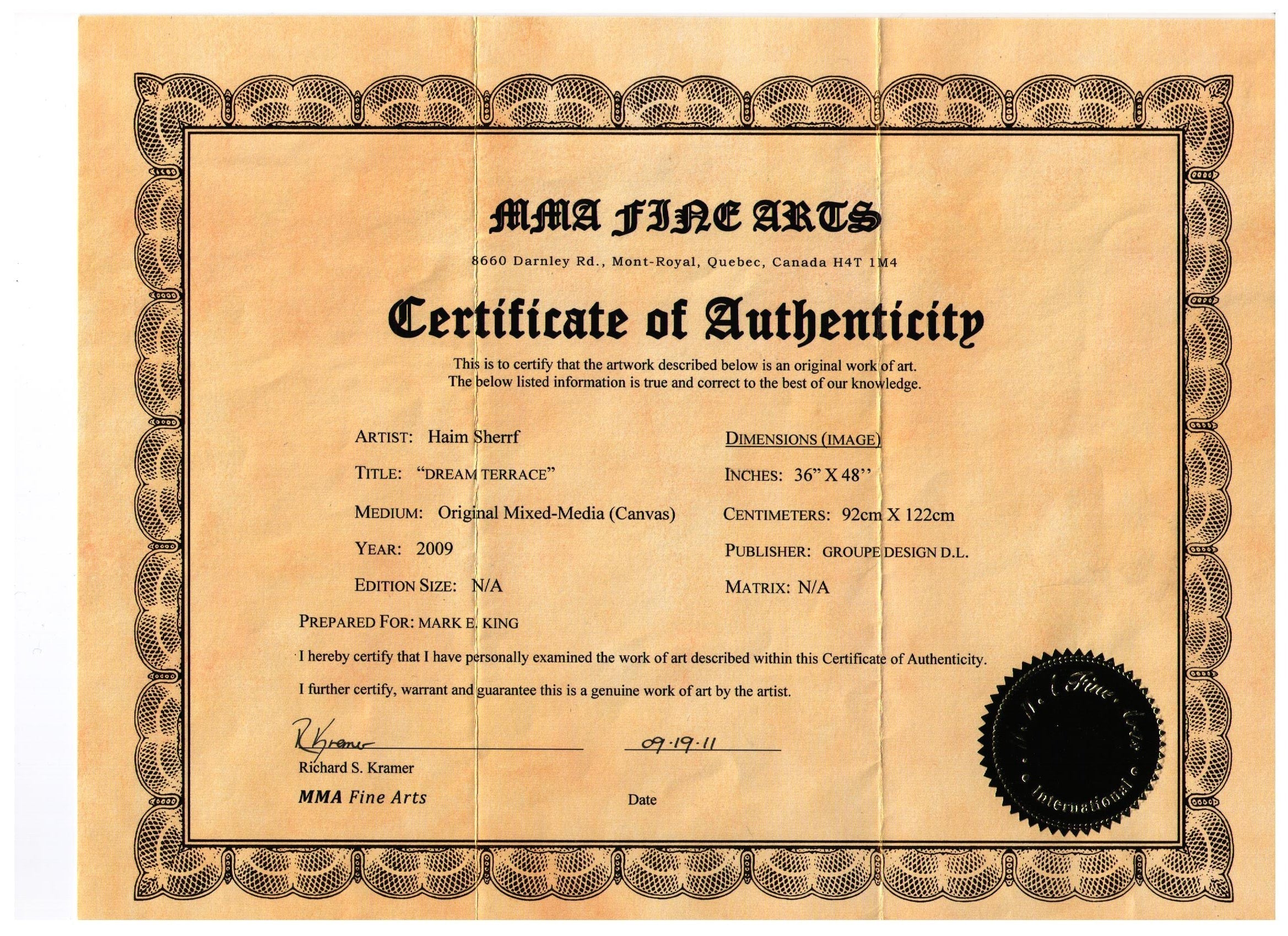 Horizontal Certificate of Authenticity for Dream Terrace by Haim Sherrf