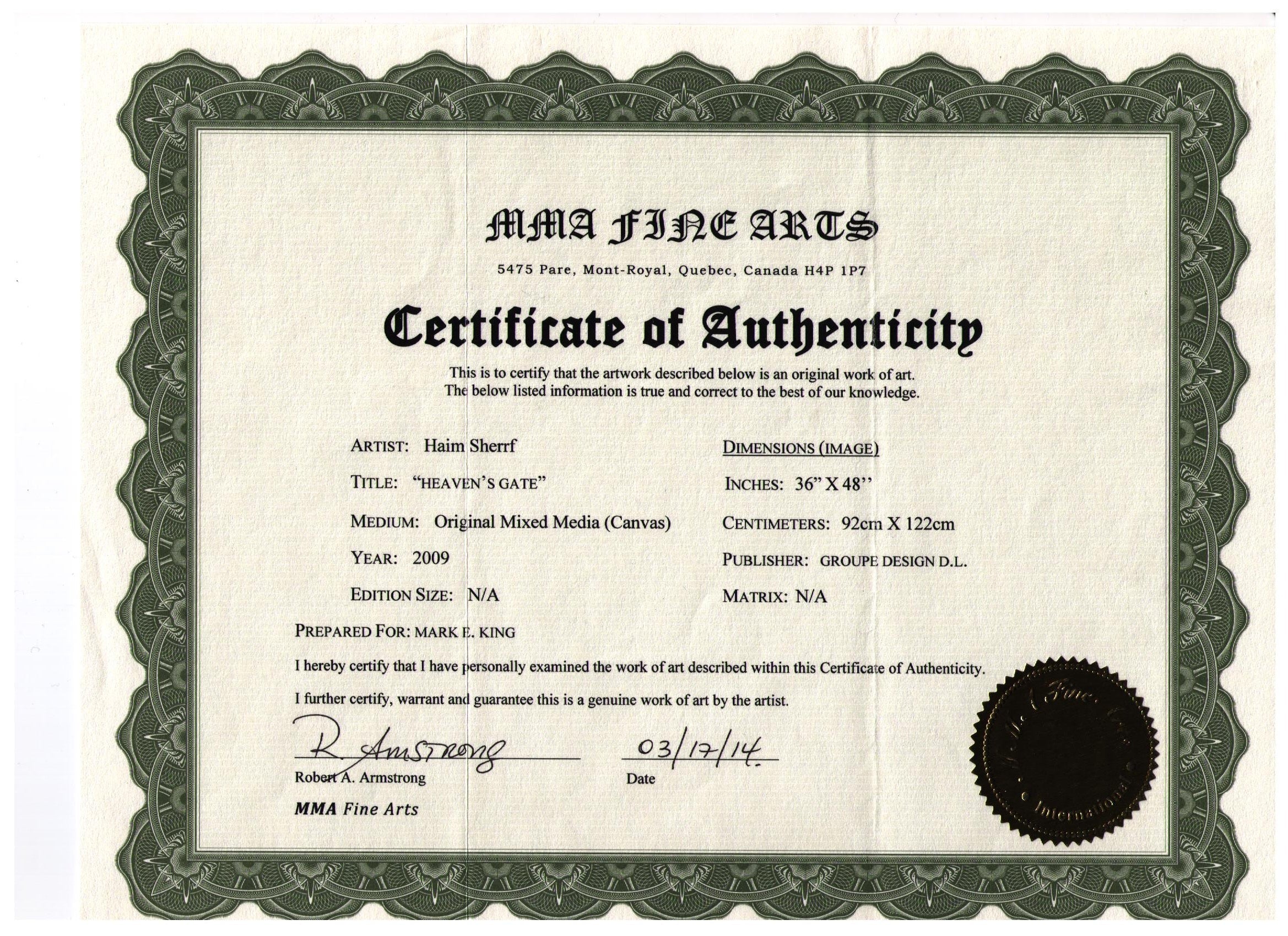 Horizontal Certificate of Authenticity for Heaven's Gate by Haim Sherrf