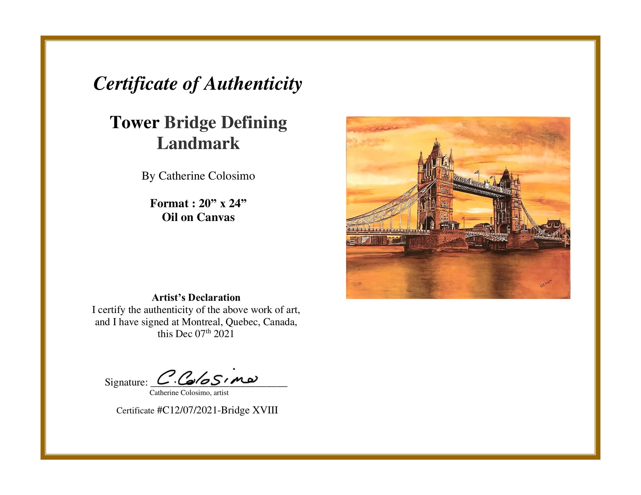 Landscape Certificate of Authenticity for Tower Bridge Defining Landmark by Catherine Colosimo