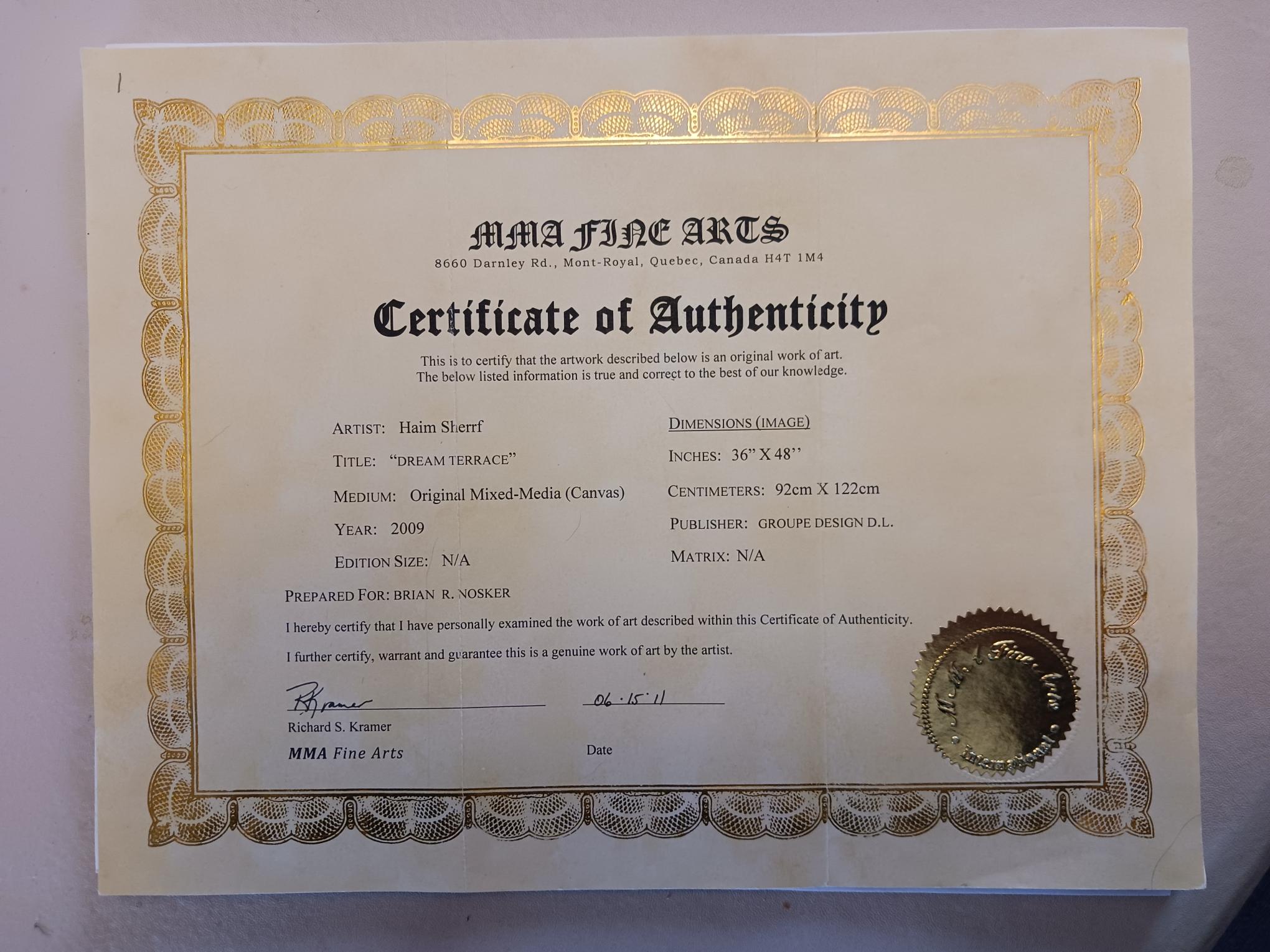Certificate of authenticity for Dream Terrace by Haim Sherrf