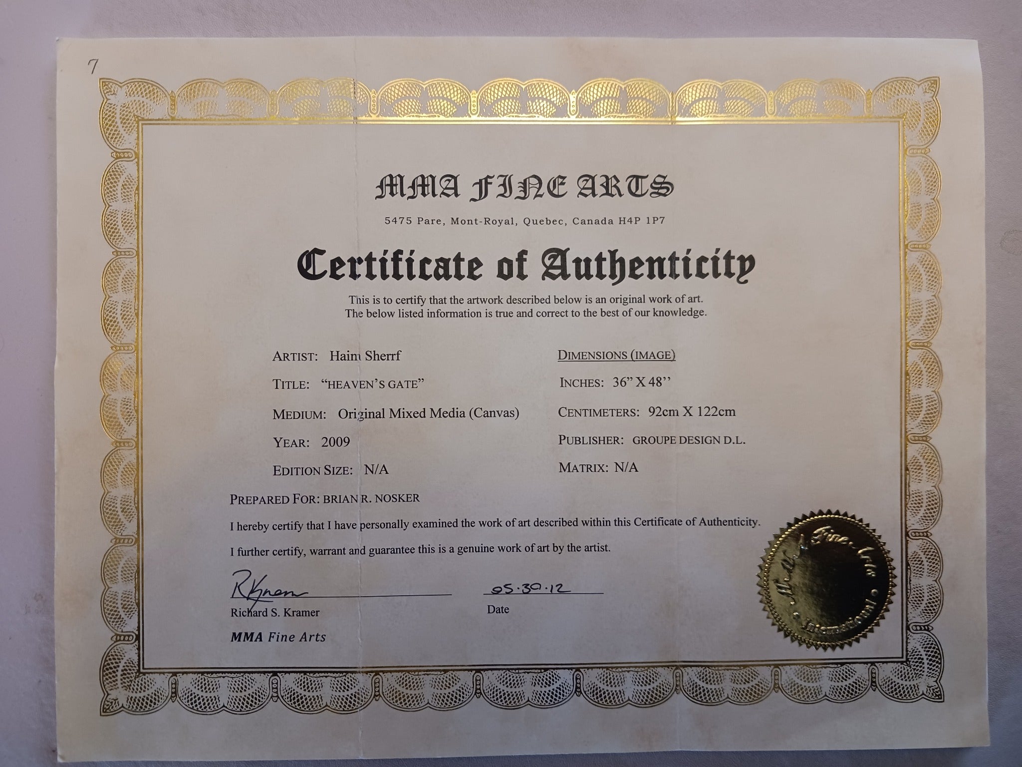 Certificate of authenticity for Heavens Gate by Haim Sherrf