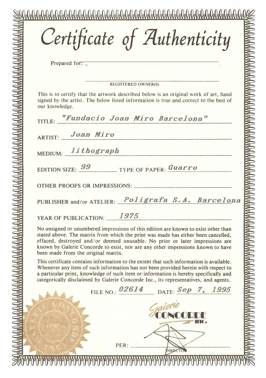 Certificate of Authenticity for Fundació Joan Miró Barcelona lithograph by Joan Miró, owner names masked for privacy