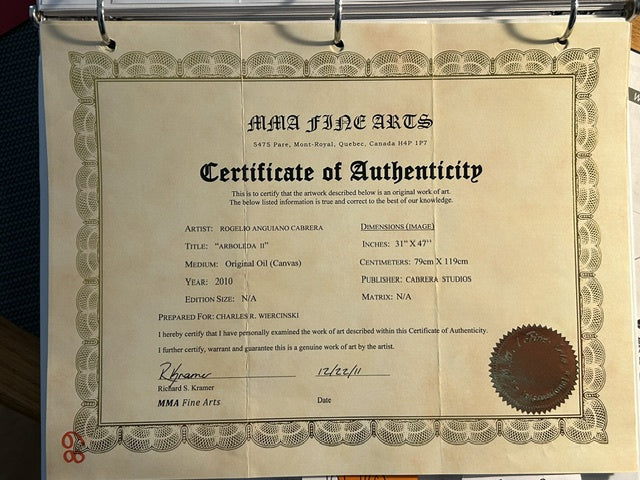 Horizontal certificate of authenticity for Arboleda II by Rogelio Anguiano Cabrera