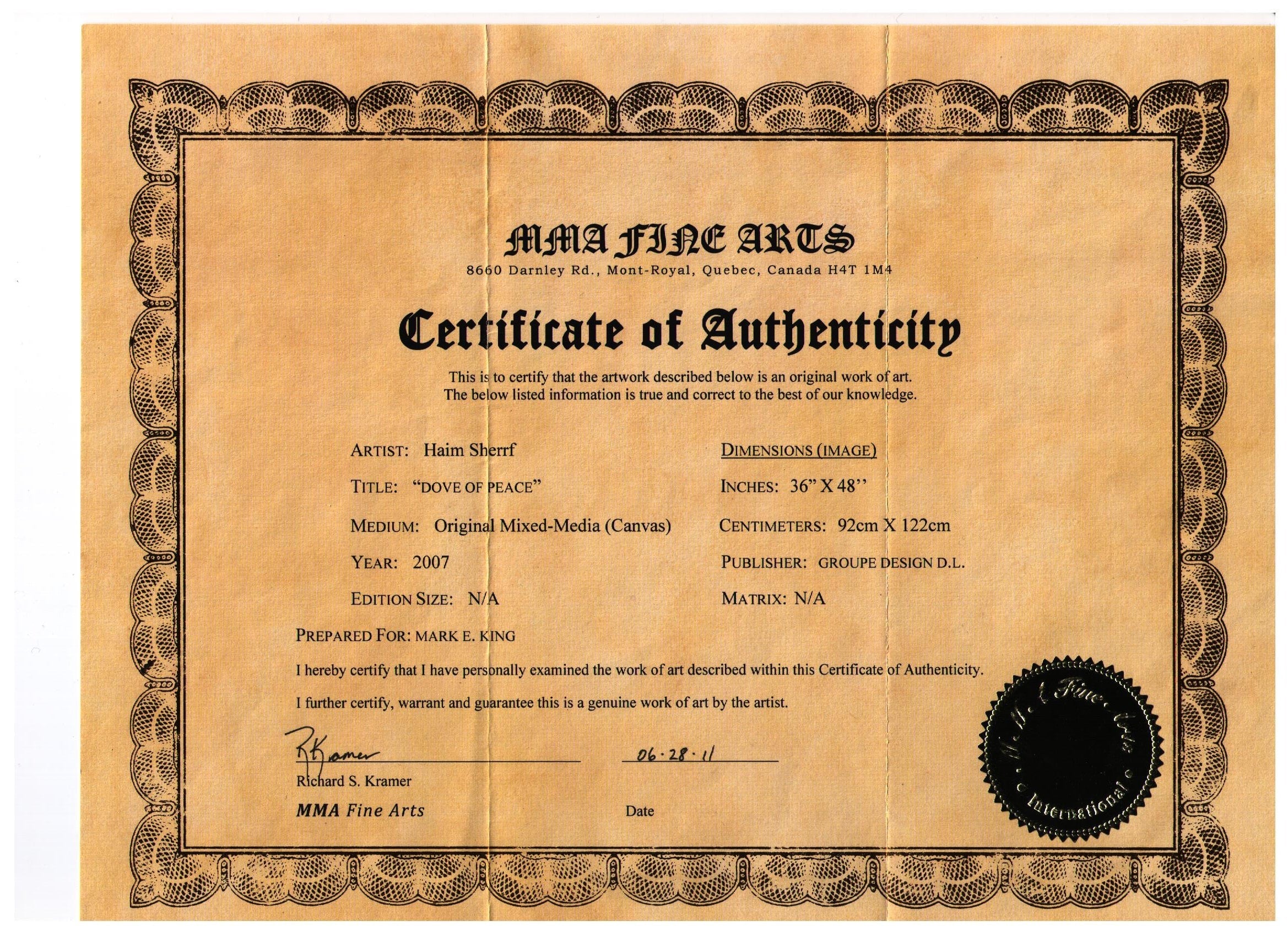 Horizontal Certificate of Authenticity for Dove of Peace by Haim Sherrf