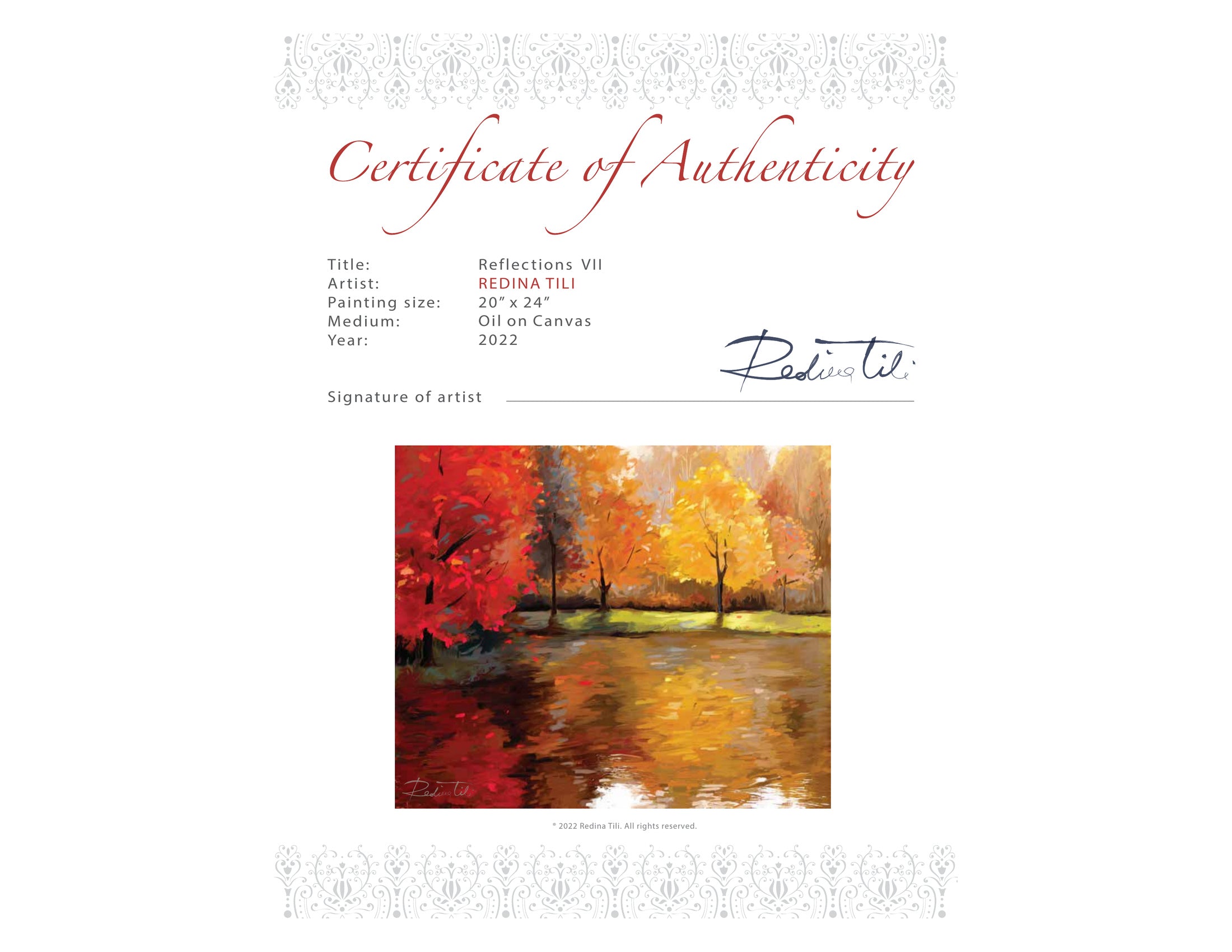 Landscape Certificate of Authenticity for Reflections Version VII by Redina Tili