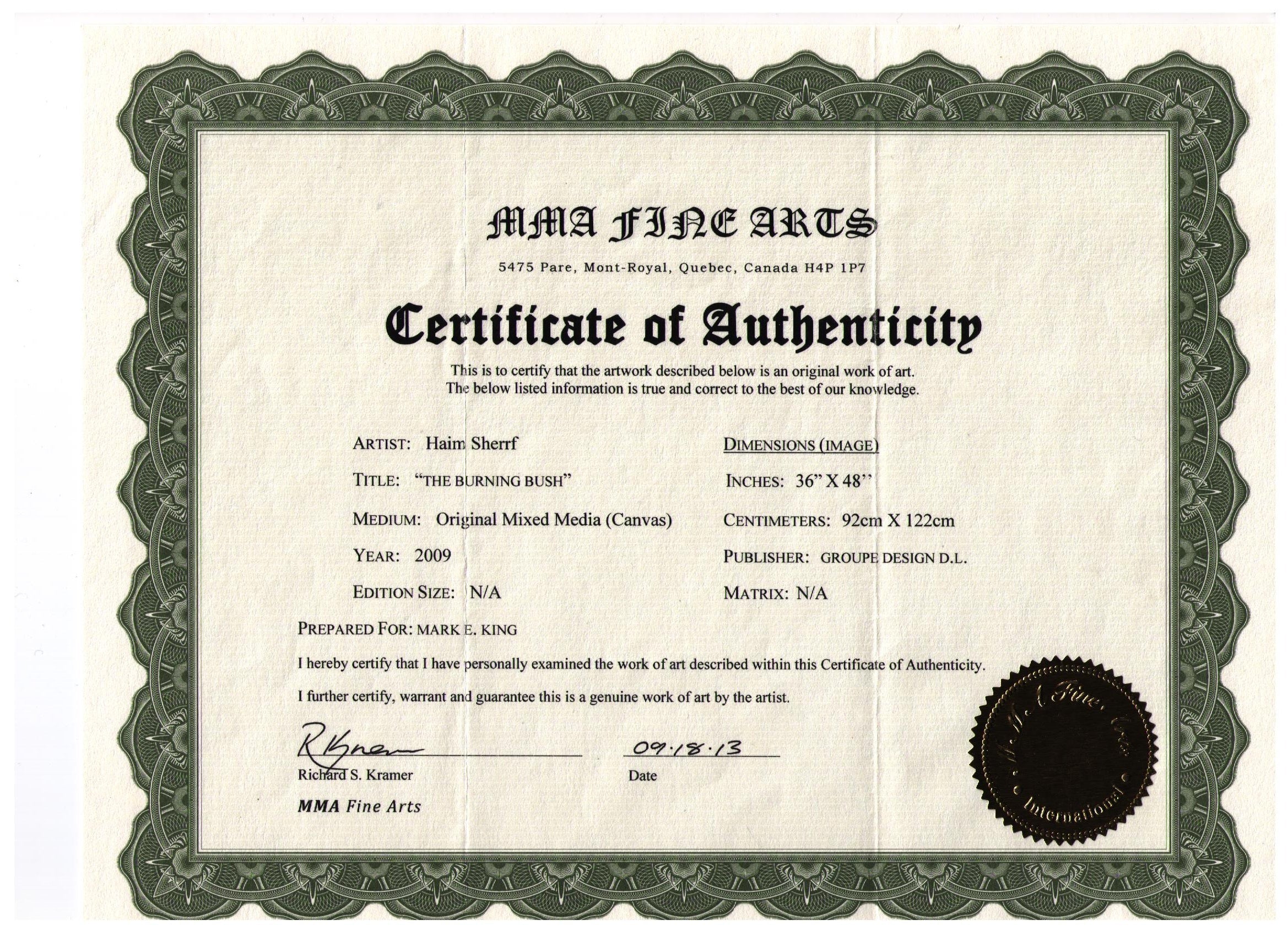 Horizontal Certificate of Authenticity for The Burning Bush by Haim Sherrf