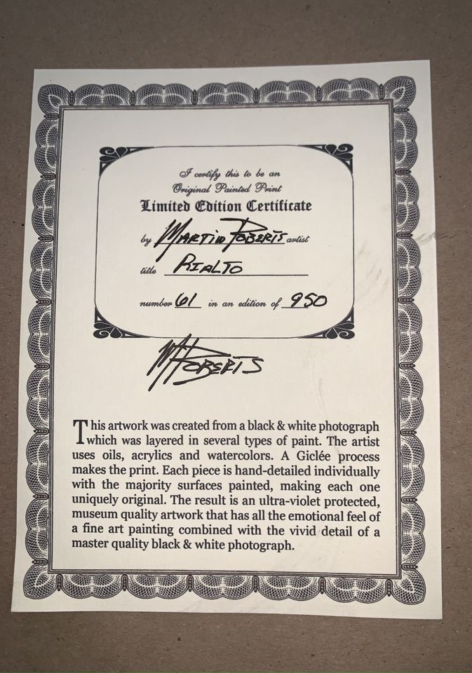 Certificate of authenticity for Venice Canal with Rialto by Martin Roberts, edition 61 of 950