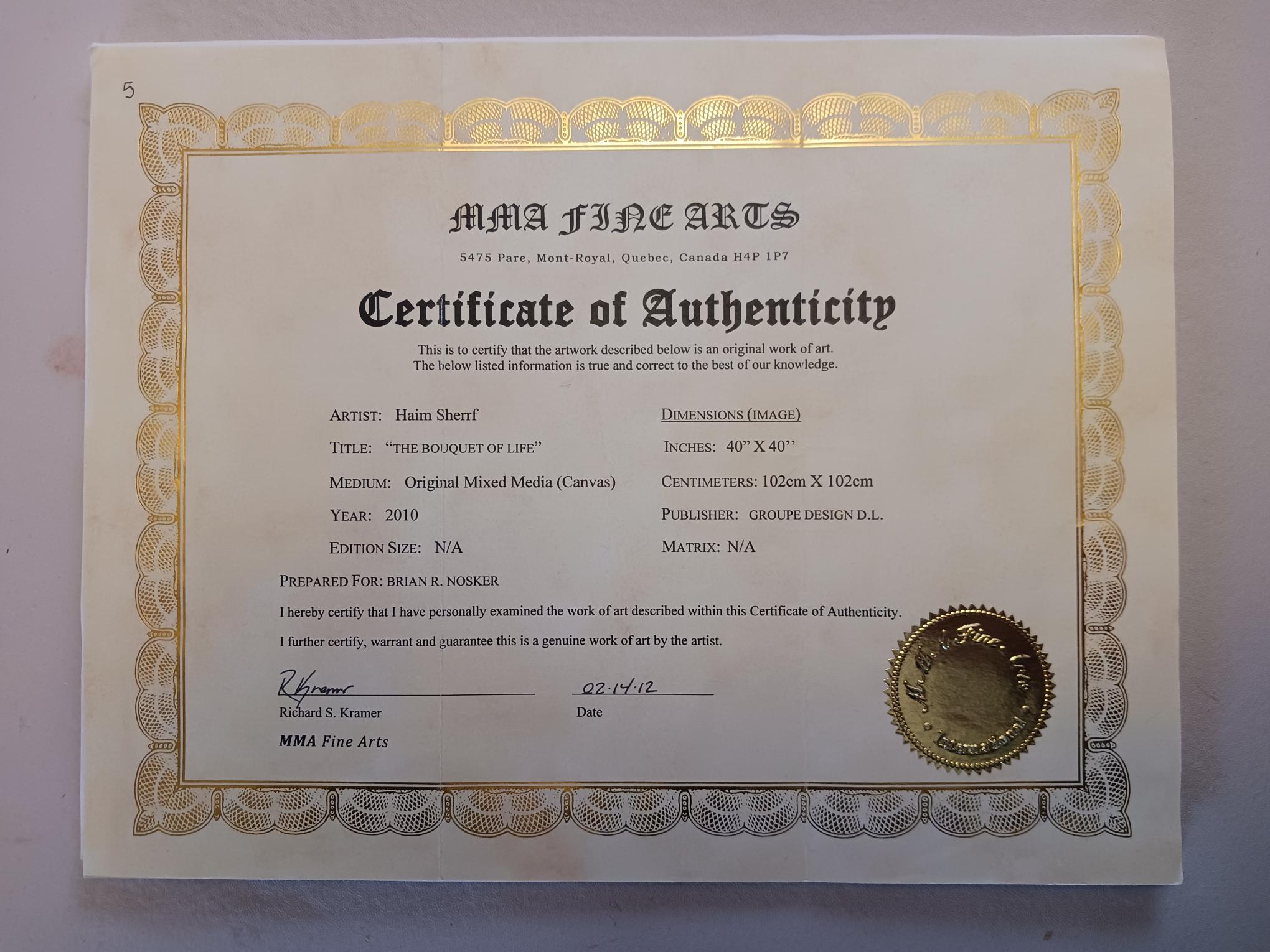 Certificate of authenticity for Bouquet Of Life by Haim Sherrf