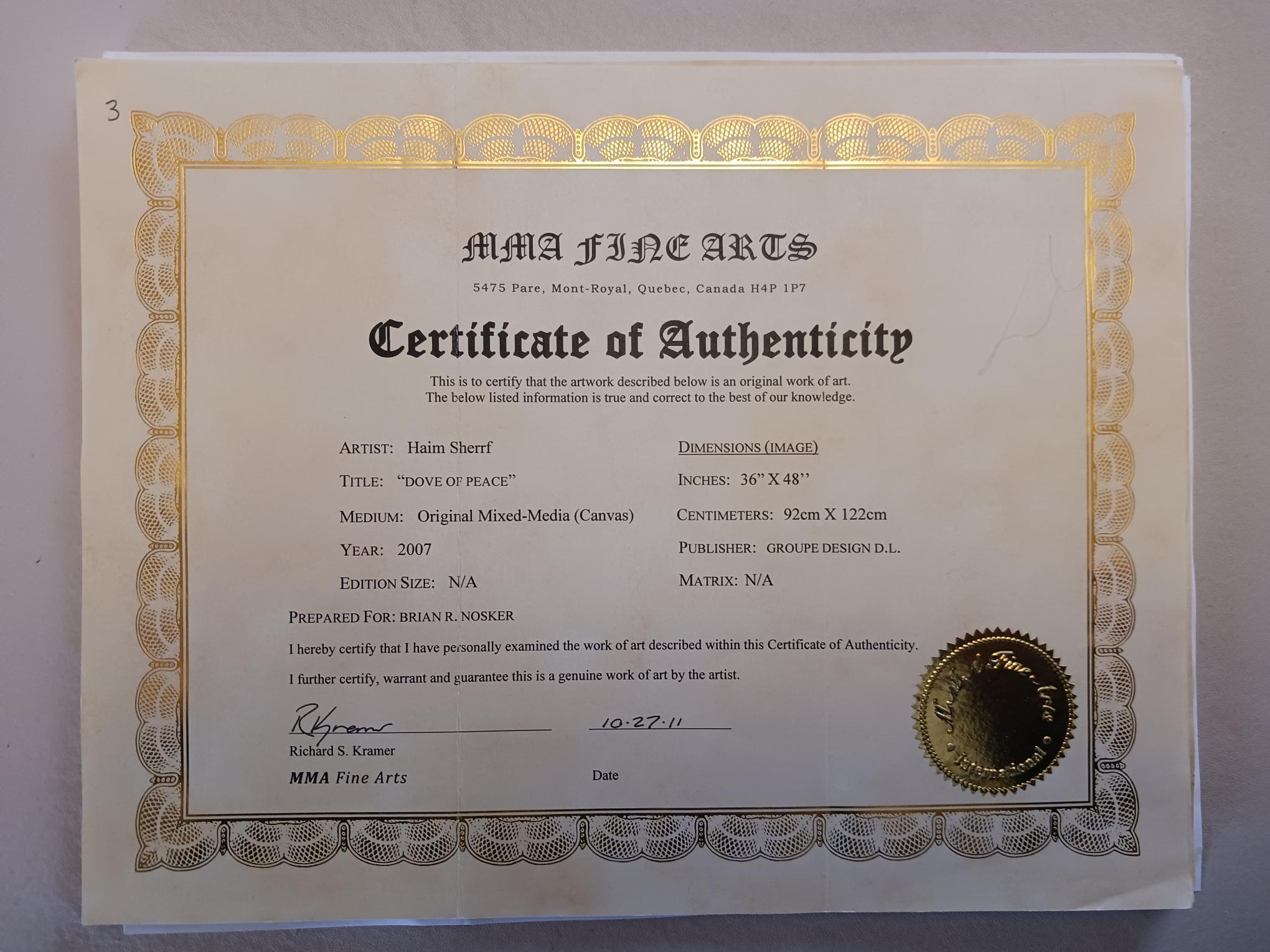 Certificate of authenticity for Dove Of Peace by Haim Sherrf
