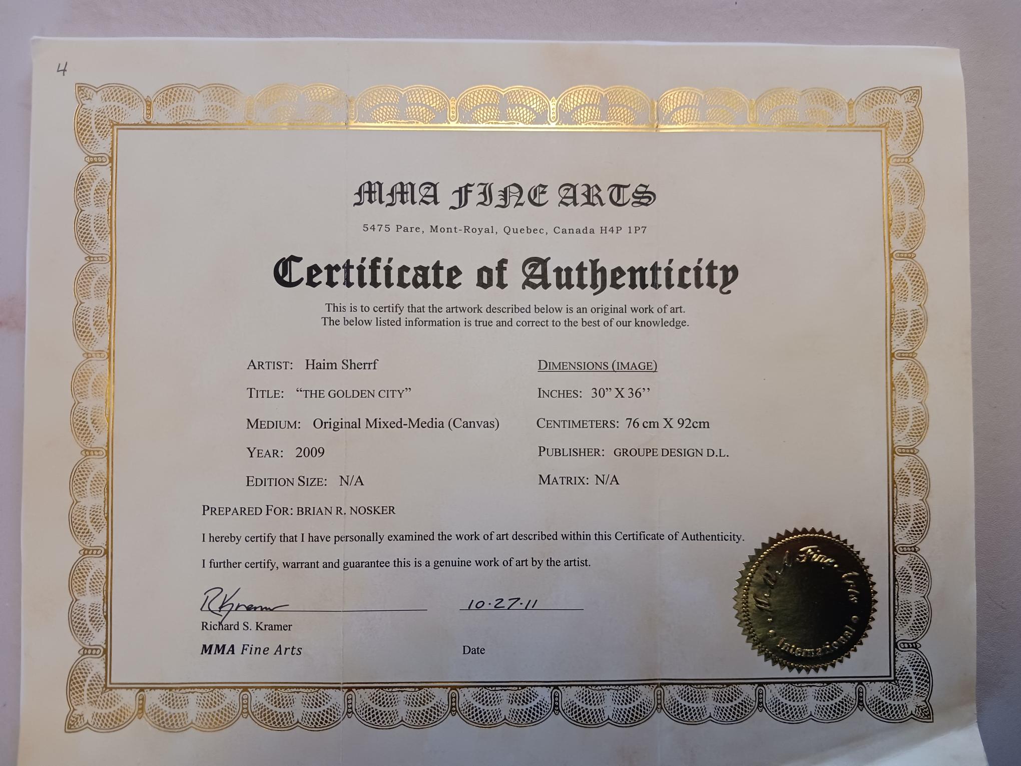 Certificate of authenticity for The Golden City by Haim Sherrf