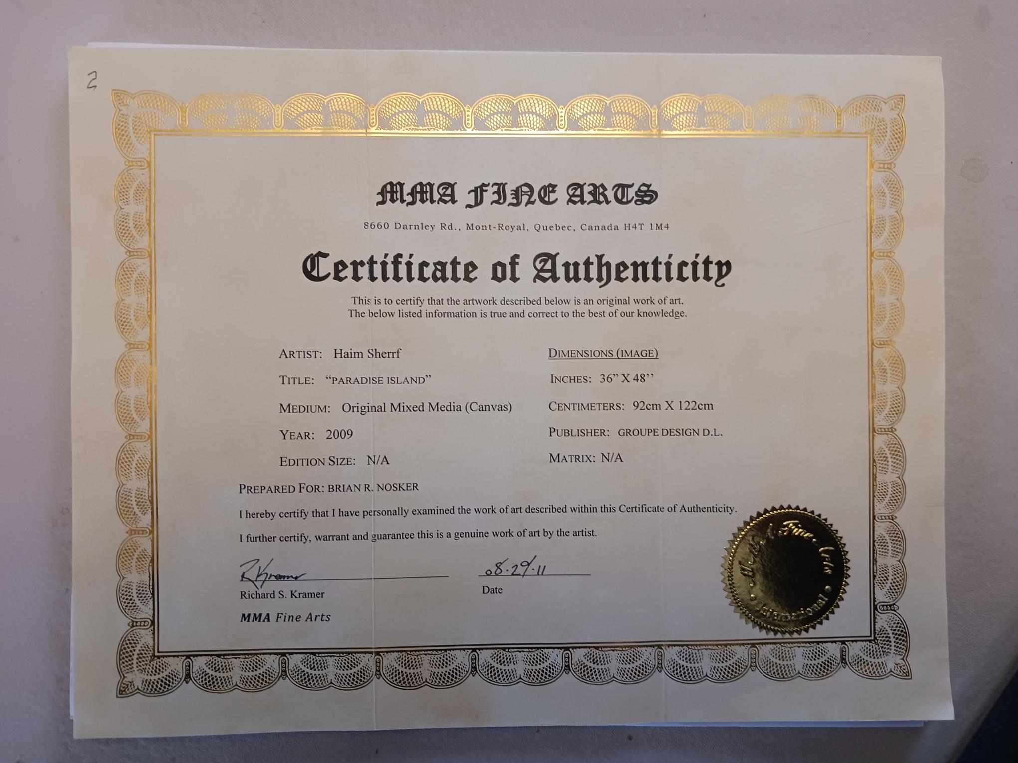 Certificate of authenticity for Paradise Island by Haim Sherrf