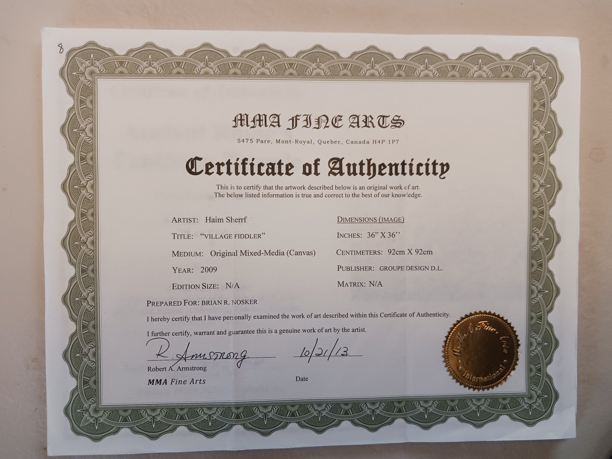 Certificate of authenticity for Village Fiddler by Haim Sherrf