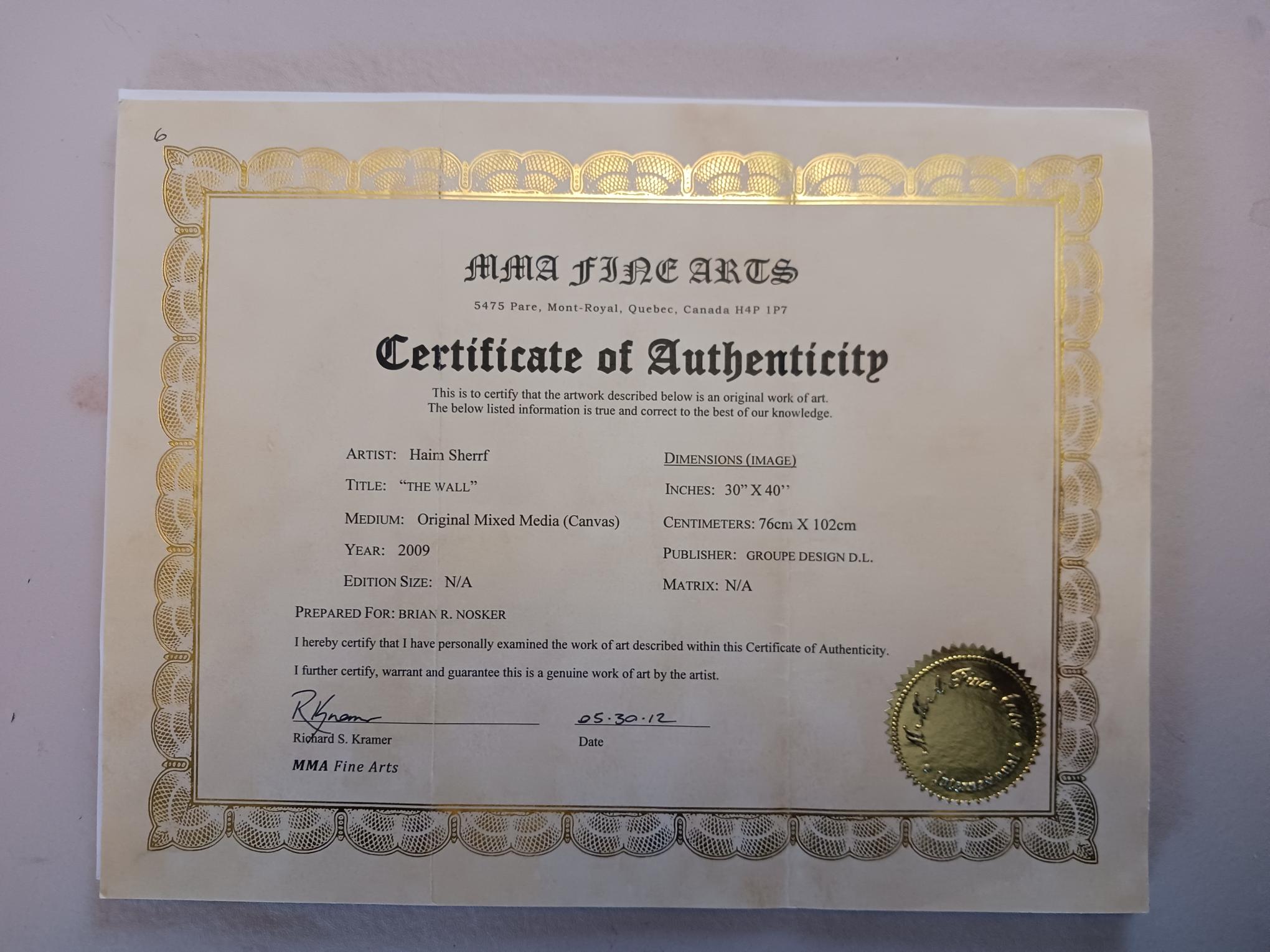 Certificate of authenticity for The Wall by Haim Sherrf