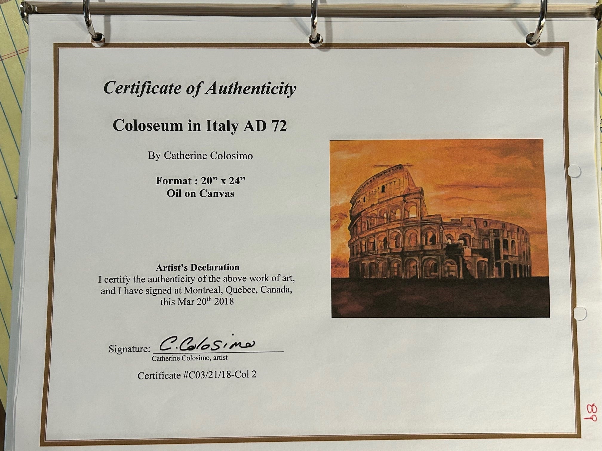 Certificate of authenticity for Coloseum by Catherine Colosimo