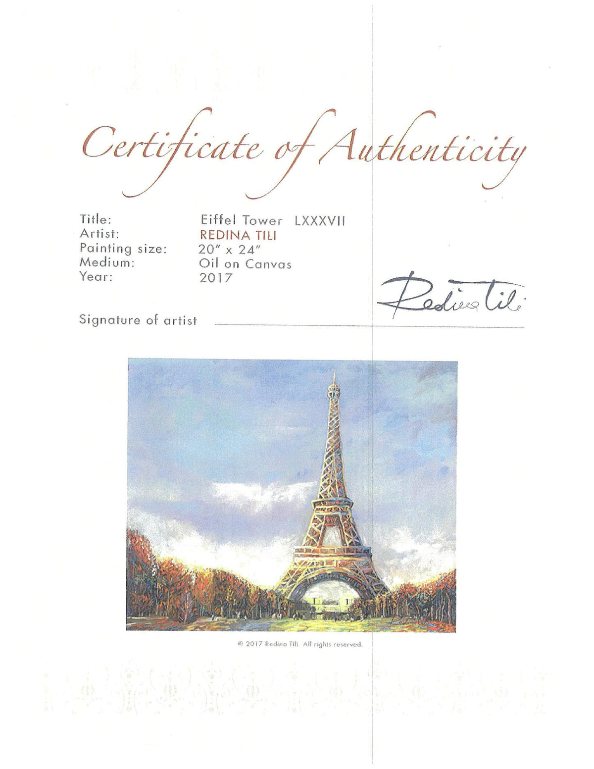 Certificate of Authenticity for Eiffel Tower LXXXVII