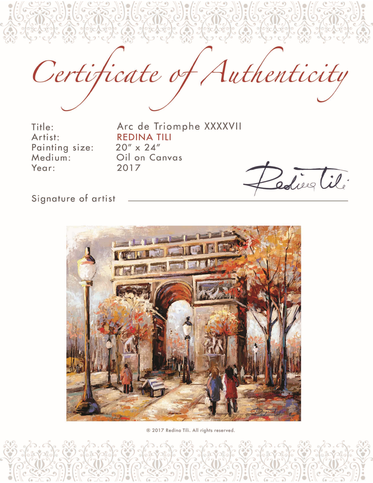 Certificate of Authenticity for Arc de Triomphe XXXVII by Redina Tili