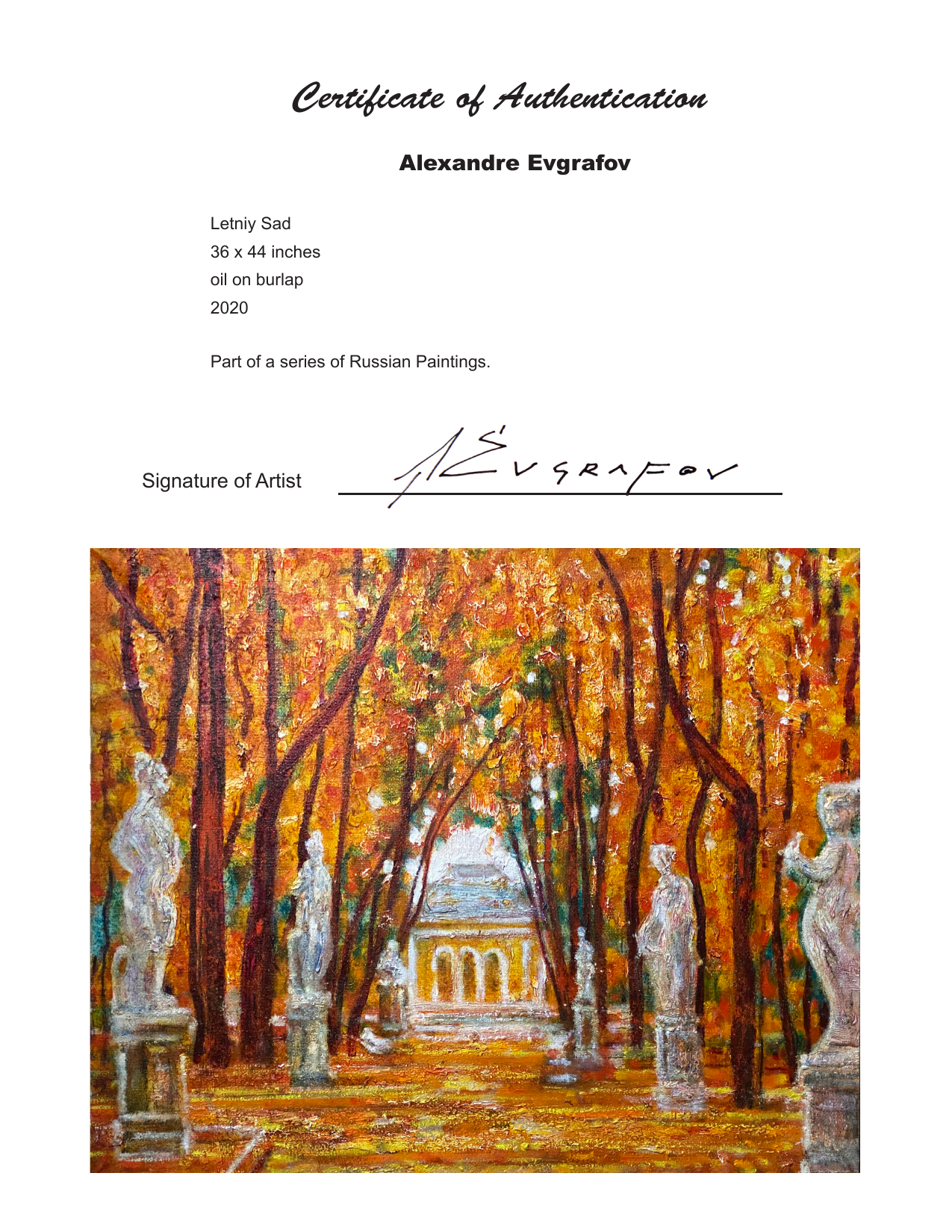 Certificate and artwork image for Letniy Sad by Alexandre Evgrafov
