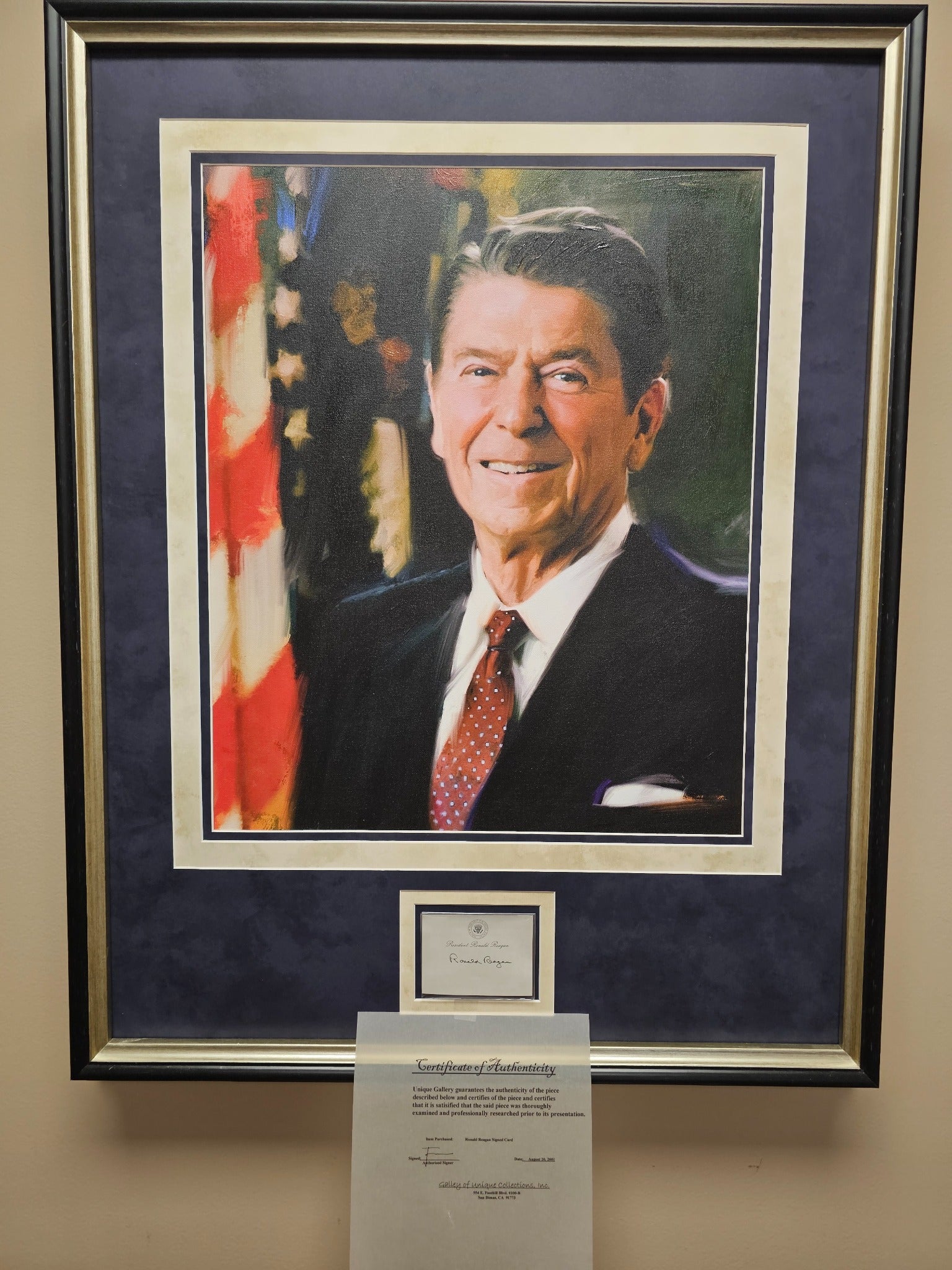 Custom framed portrait of Ronald Reagan with original signature display and certificate of authenticity