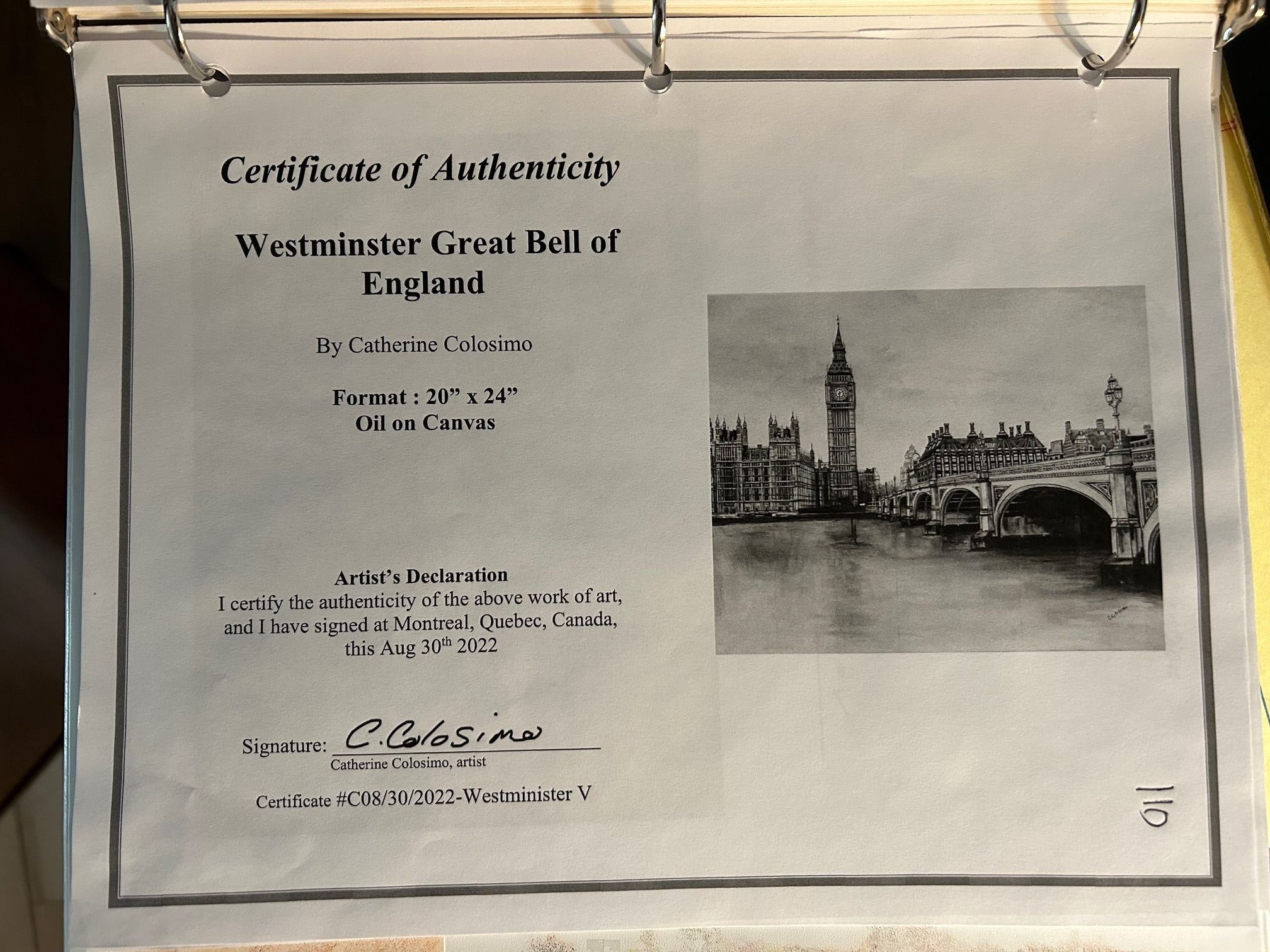Certificate of Authenticity for Westminster Great Bell of England