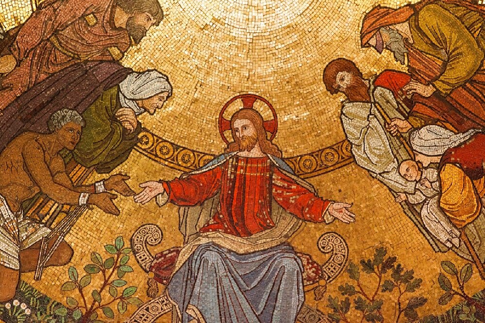 tiled mosaic image of Jesus healing the sick