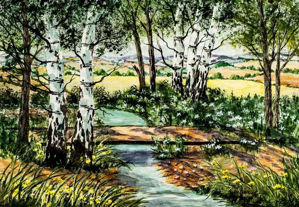 acrylic painting of stream flowing in between trees