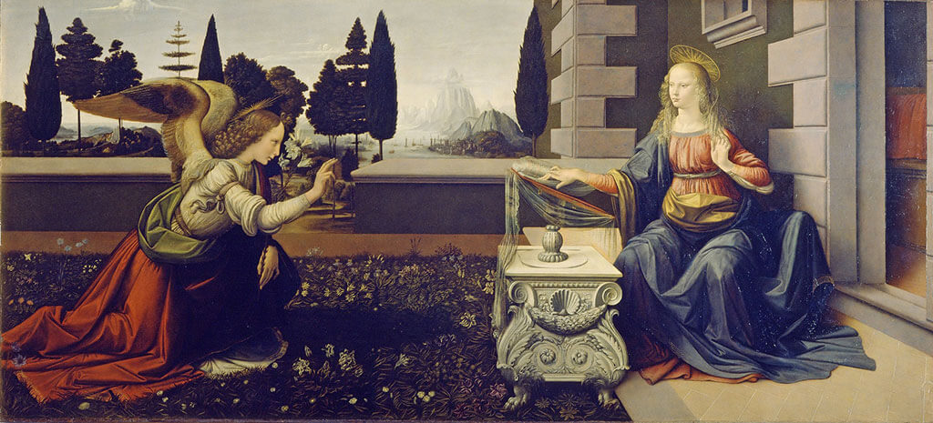 traditional art painting depicting an angel and woman